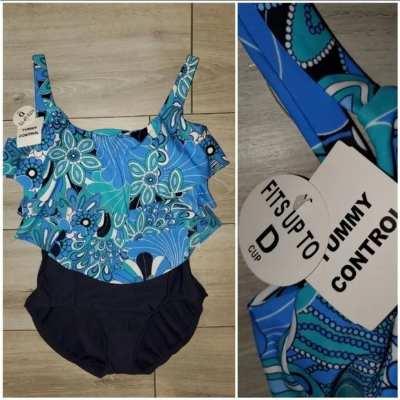 Swim Solutions Womens One piece Floral Tiered Tummy control Swimsuit Size 10 - Picture 2 of 11